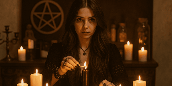 A white magic spells spell caster performing a love ritual, used for the About Me and spells by category description.